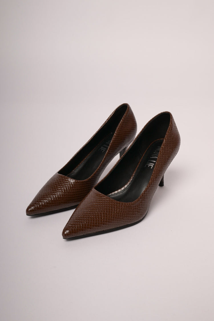 Dark brown python effect pumps