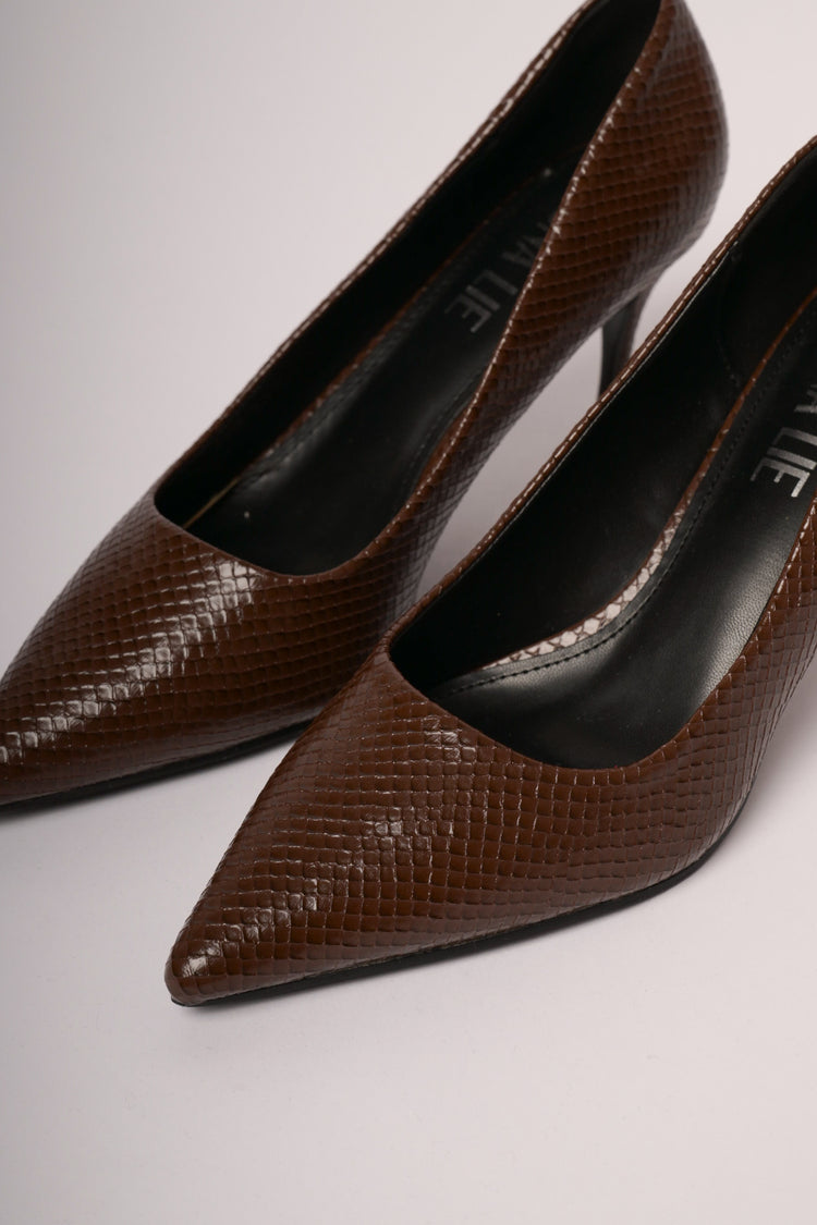 Dark brown python effect pumps