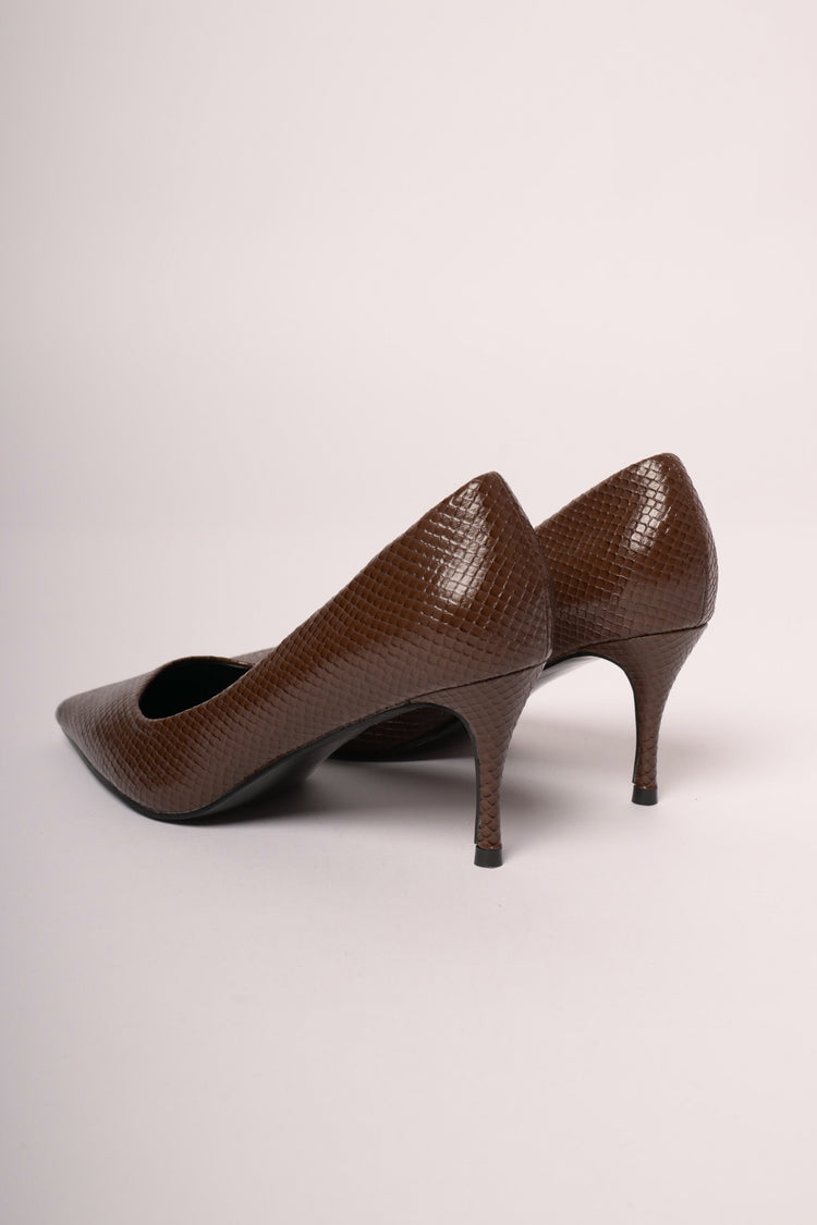Dark brown python effect pumps