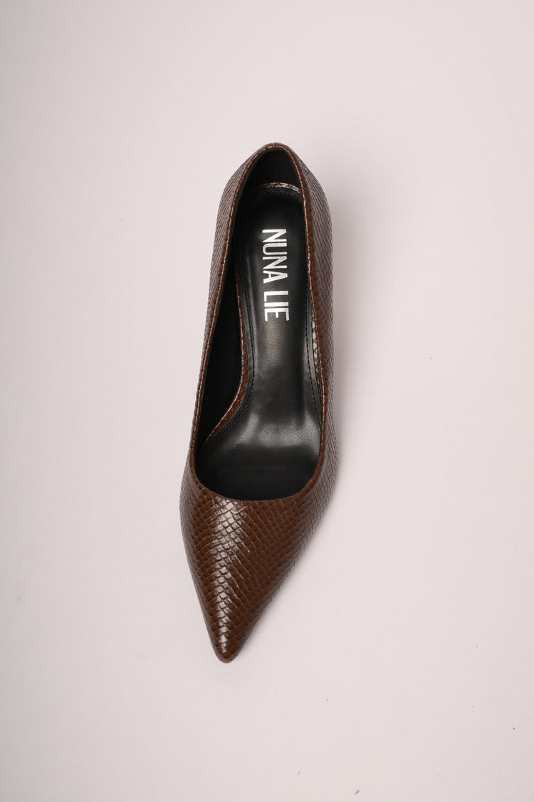 Dark brown python effect pumps
