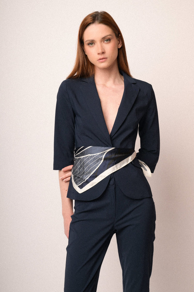 Navy viscose-blend single-breasted blazer