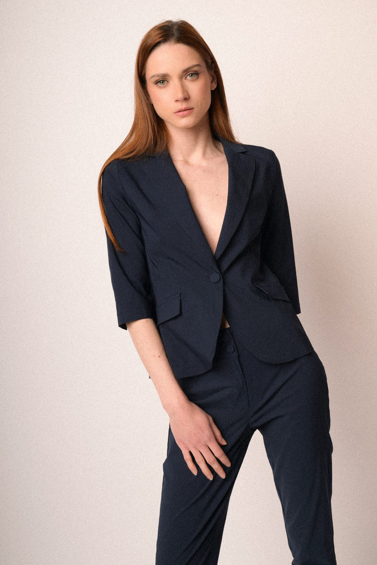 Navy viscose-blend single-breasted blazer