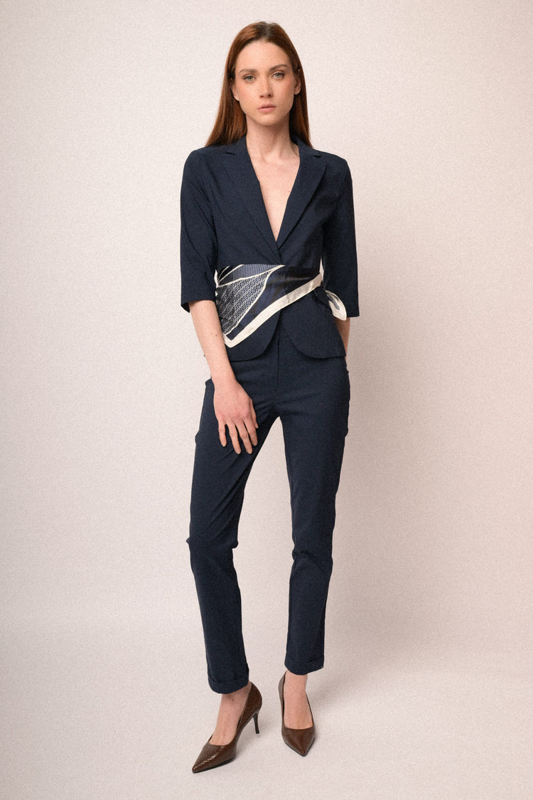 Navy viscose-blend single-breasted blazer