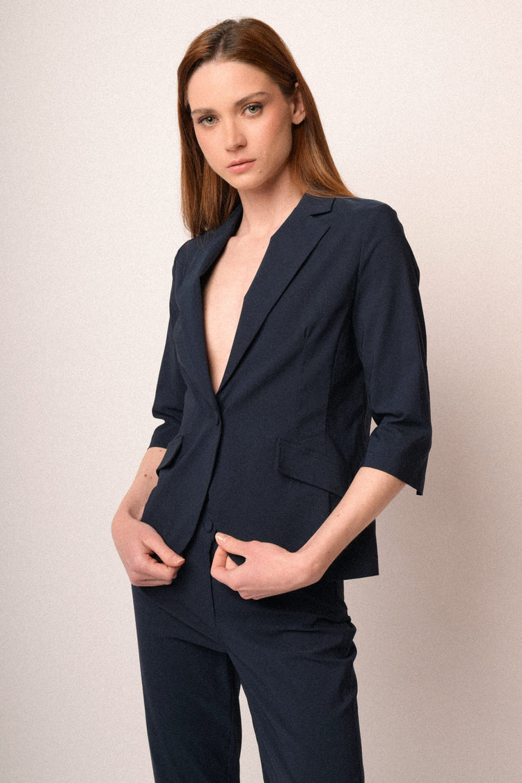 Navy viscose-blend single-breasted blazer