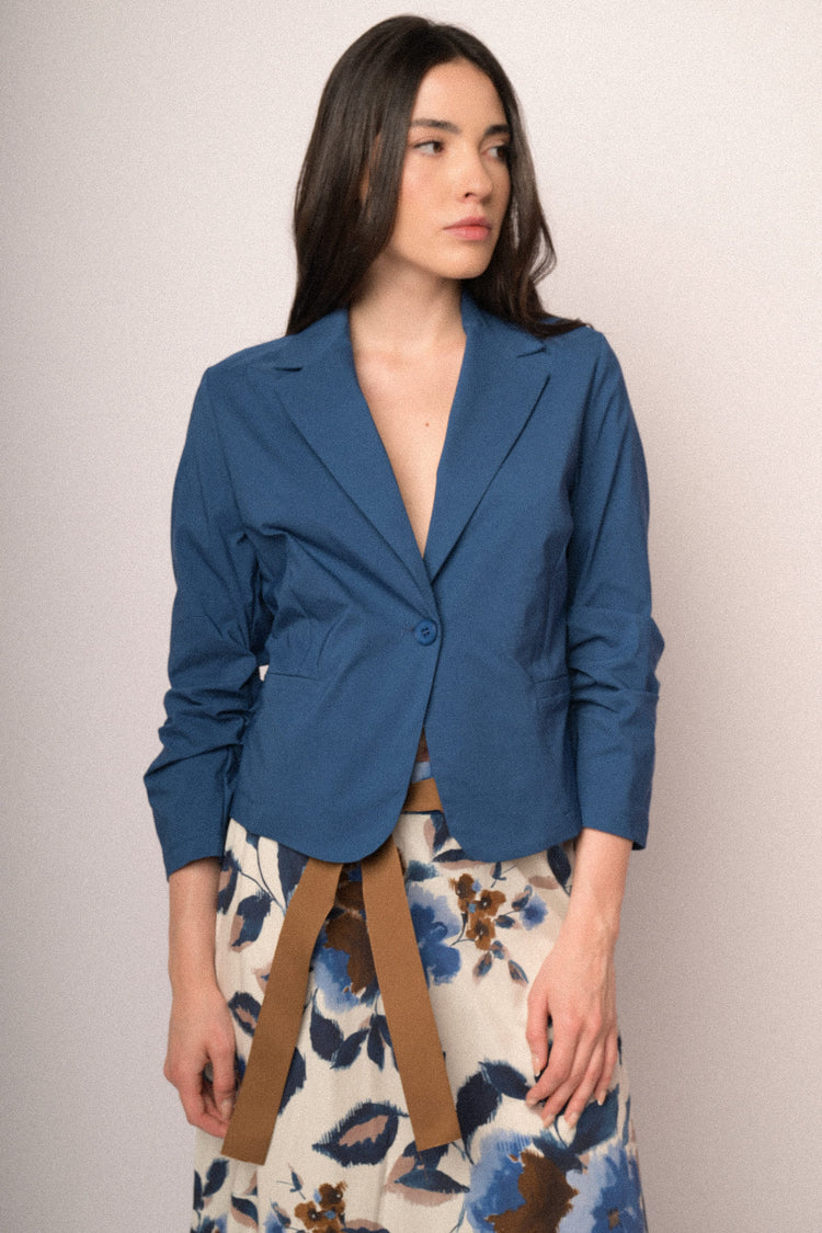 Denim blue gathered sleeves single-breasted basic blazer