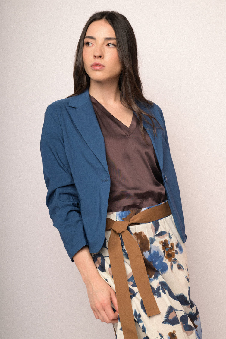 Denim blue gathered sleeves single-breasted basic blazer