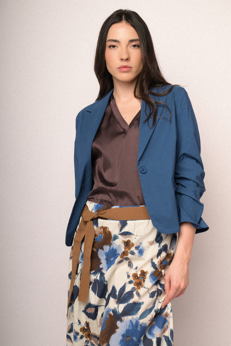 Denim blue gathered sleeves single-breasted basic blazer