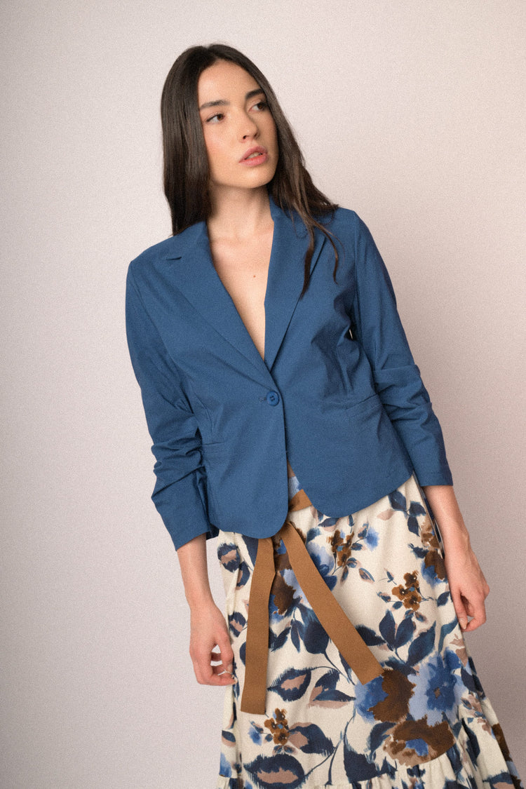 Denim blue gathered sleeves single-breasted basic blazer