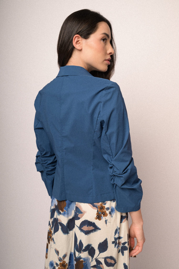 Denim blue gathered sleeves single-breasted basic blazer