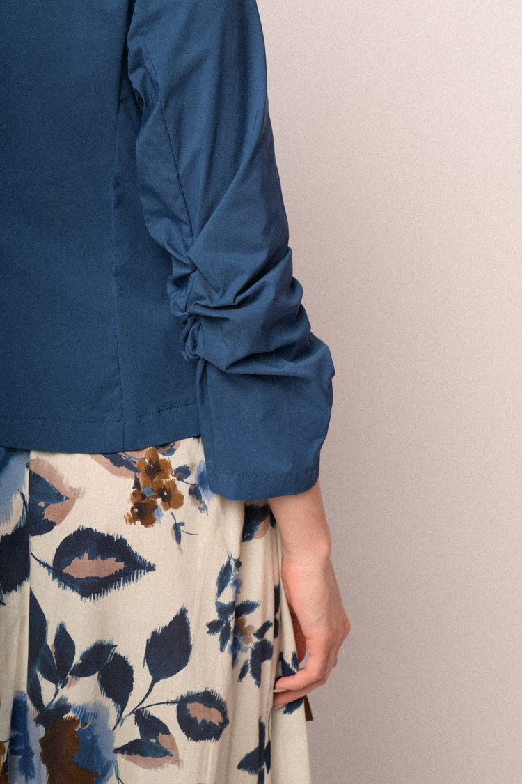 Denim blue gathered sleeves single-breasted basic blazer