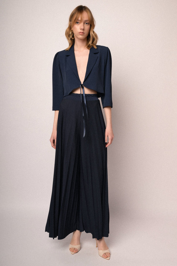 Dark blue self-tie strap cropped blazer