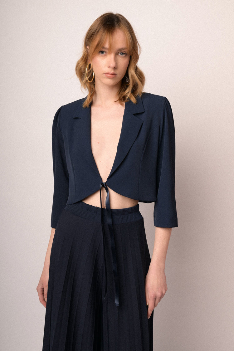 Dark blue self-tie strap cropped blazer
