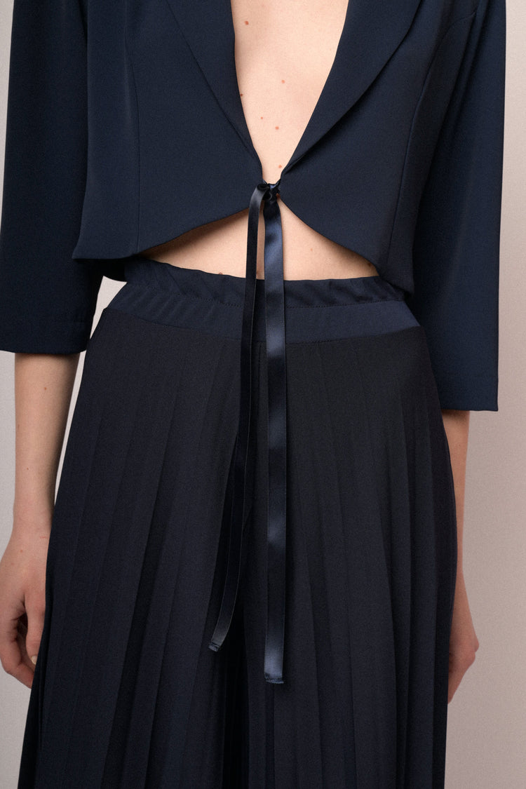 Dark blue self-tie strap cropped blazer