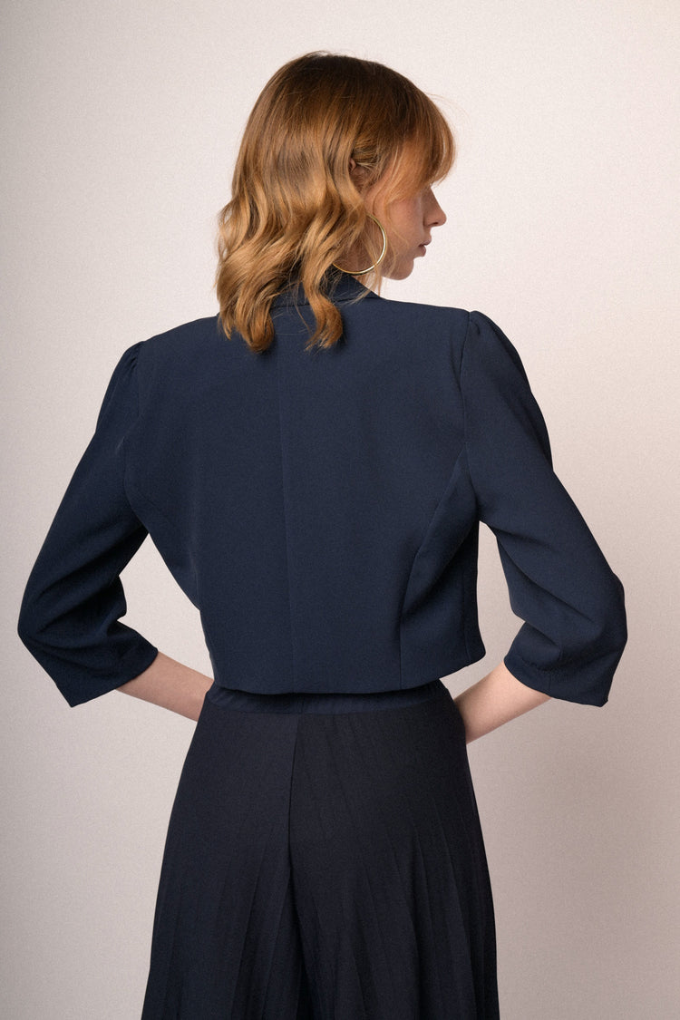 Dark blue self-tie strap cropped blazer