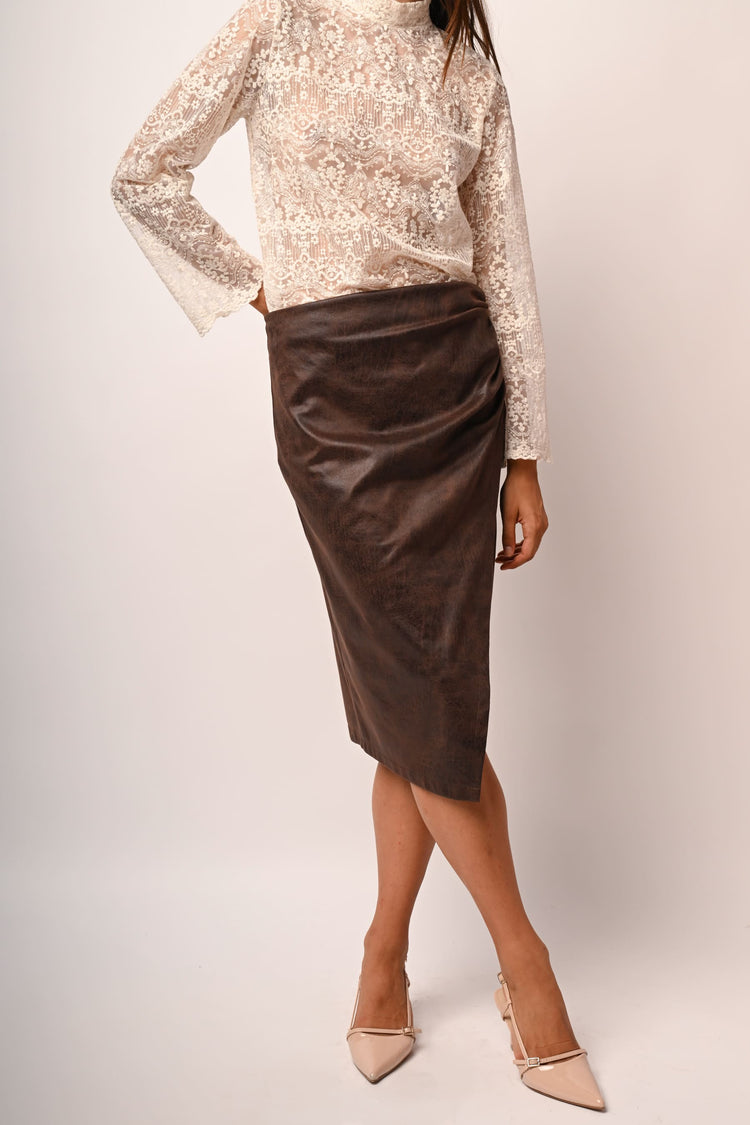 Shirred faux leather skirt
