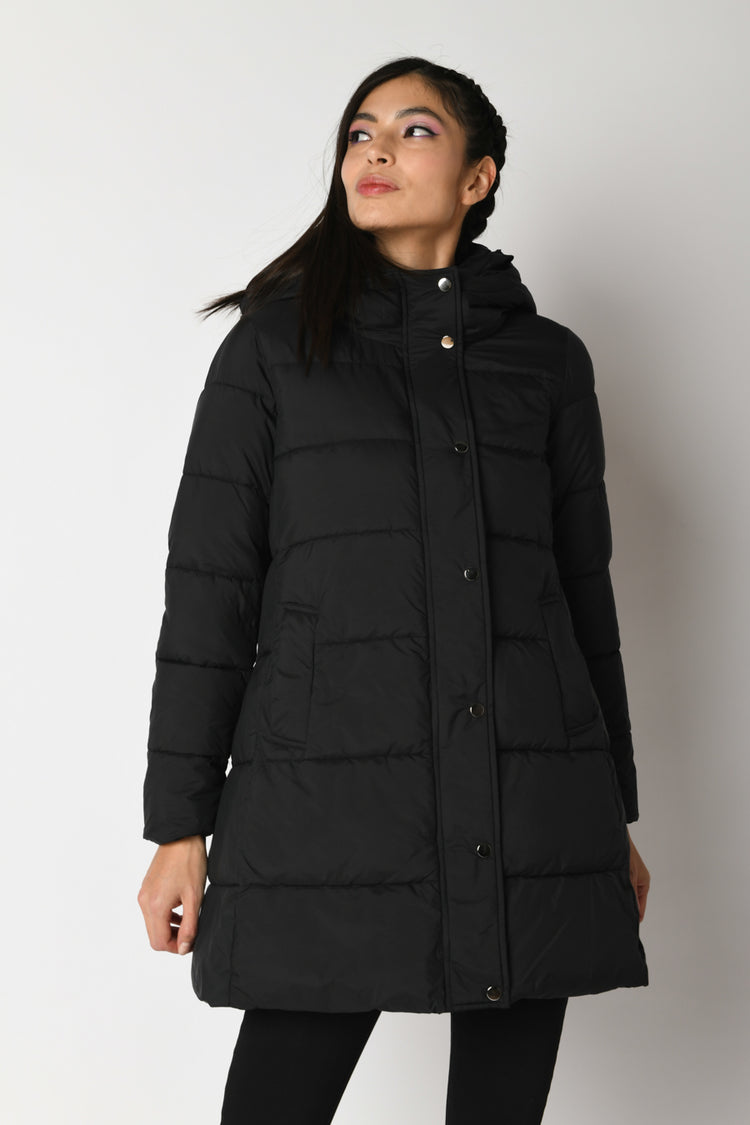 Quilted nylon hooded down jacket