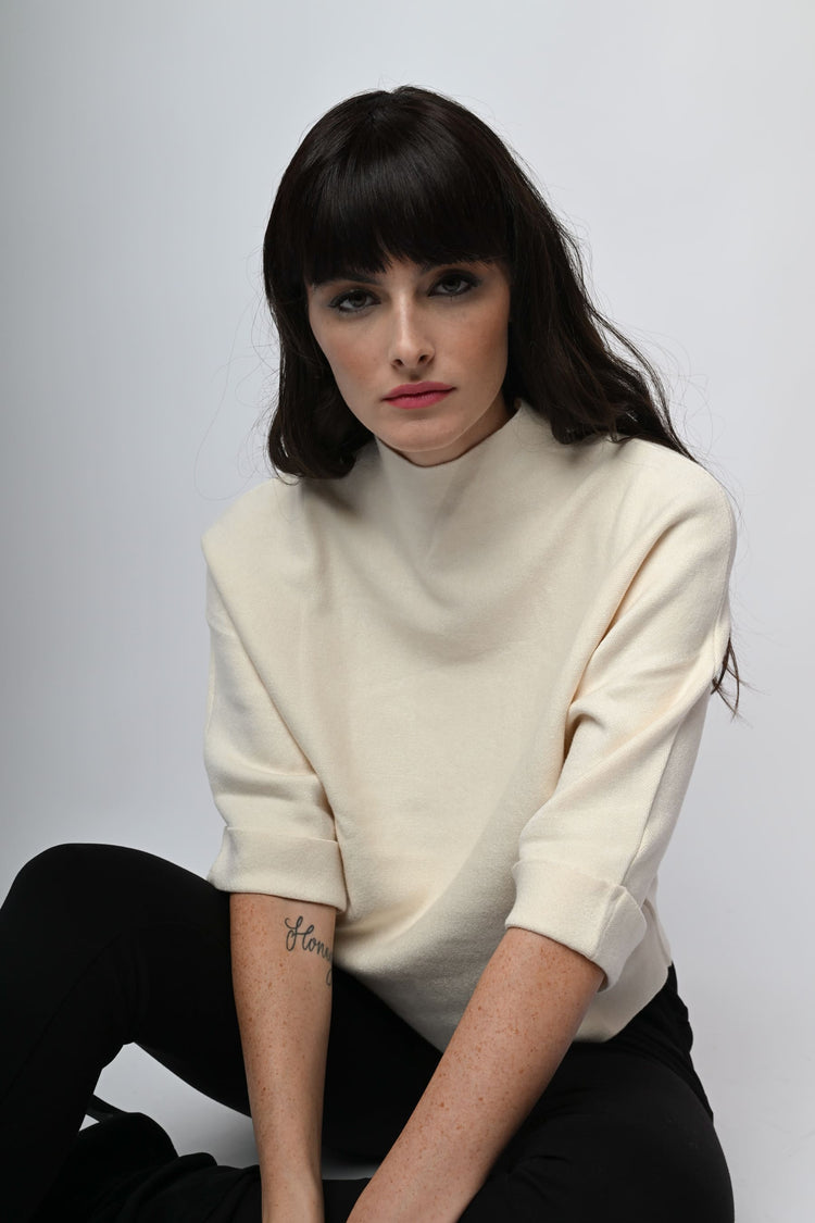 Cropped sleeves viscose-blend mock sweater