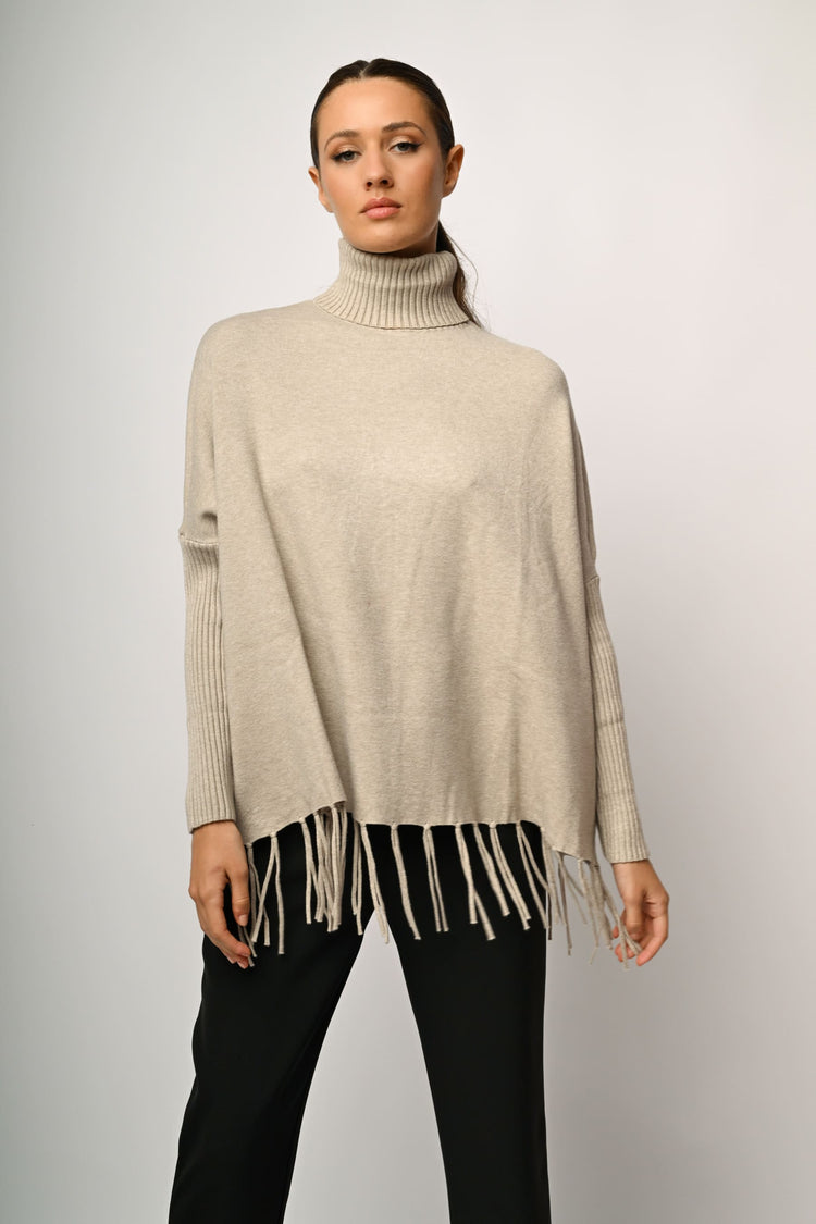 Fringed oversized turtleneck