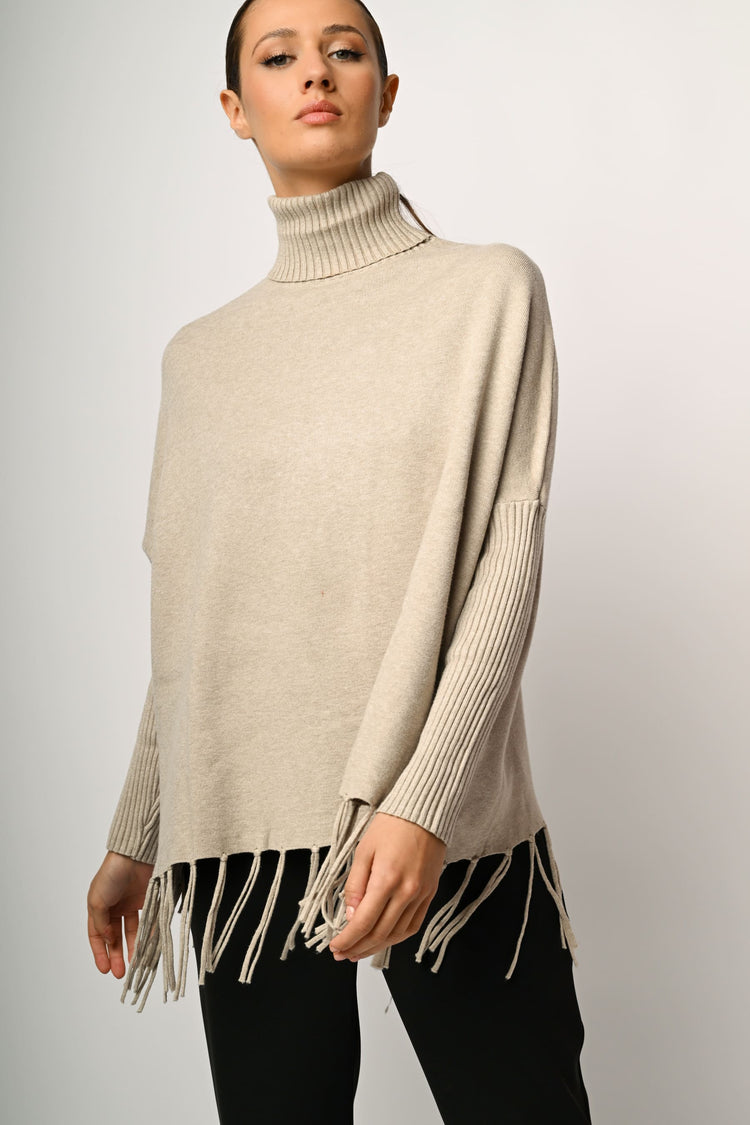 Fringed oversized turtleneck