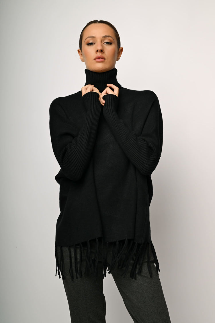 Fringed oversized turtleneck