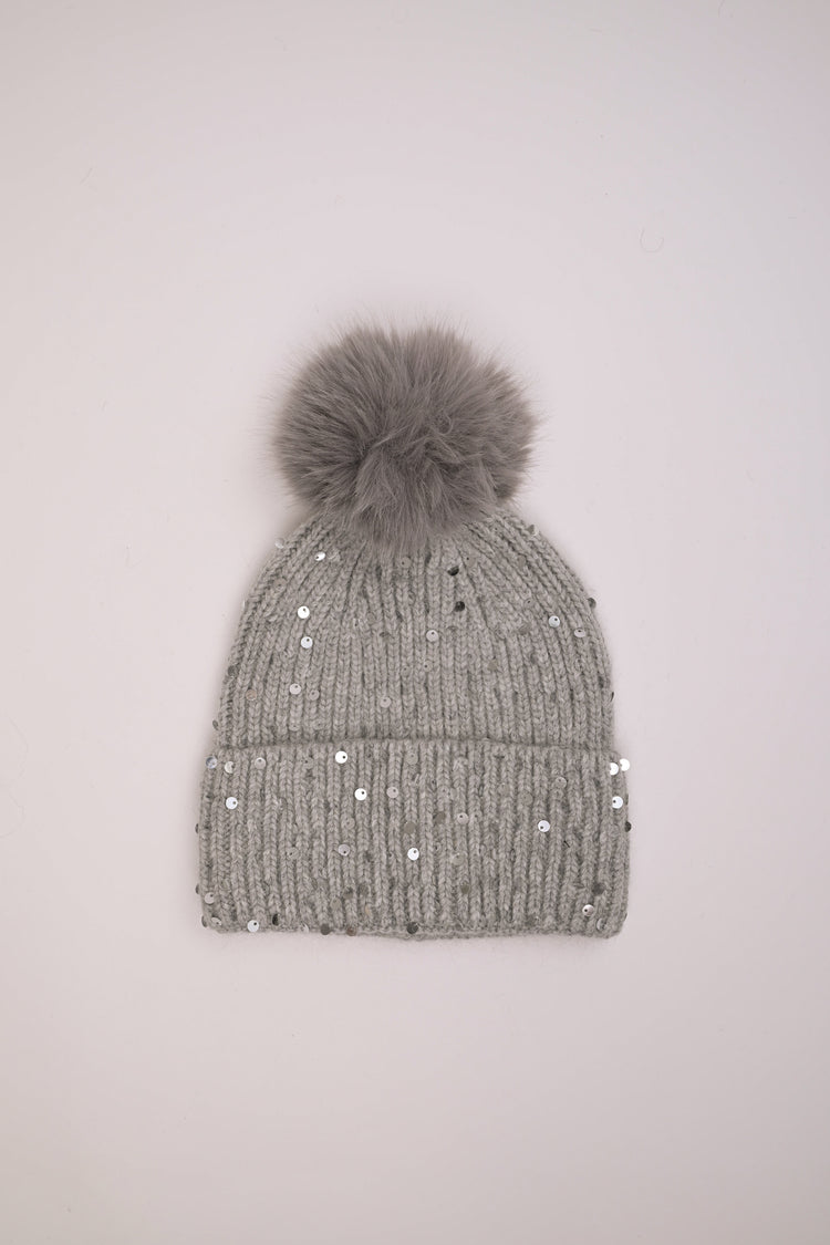 Pompon and sequin beanie