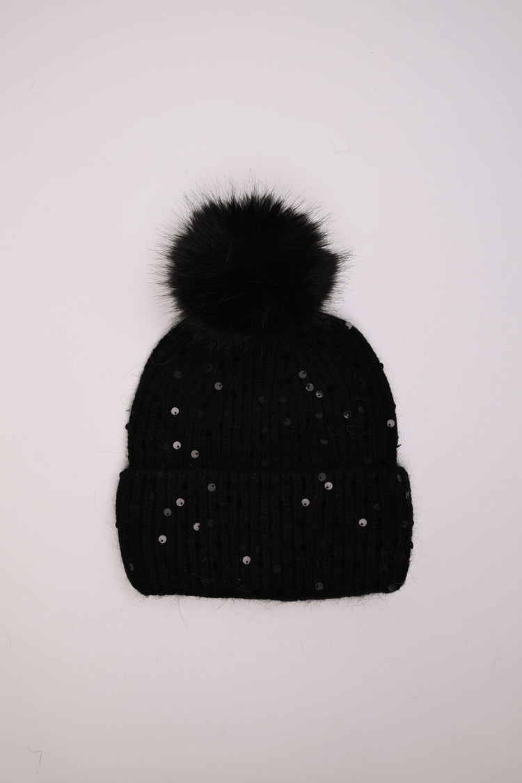 Pompon and sequin beanie
