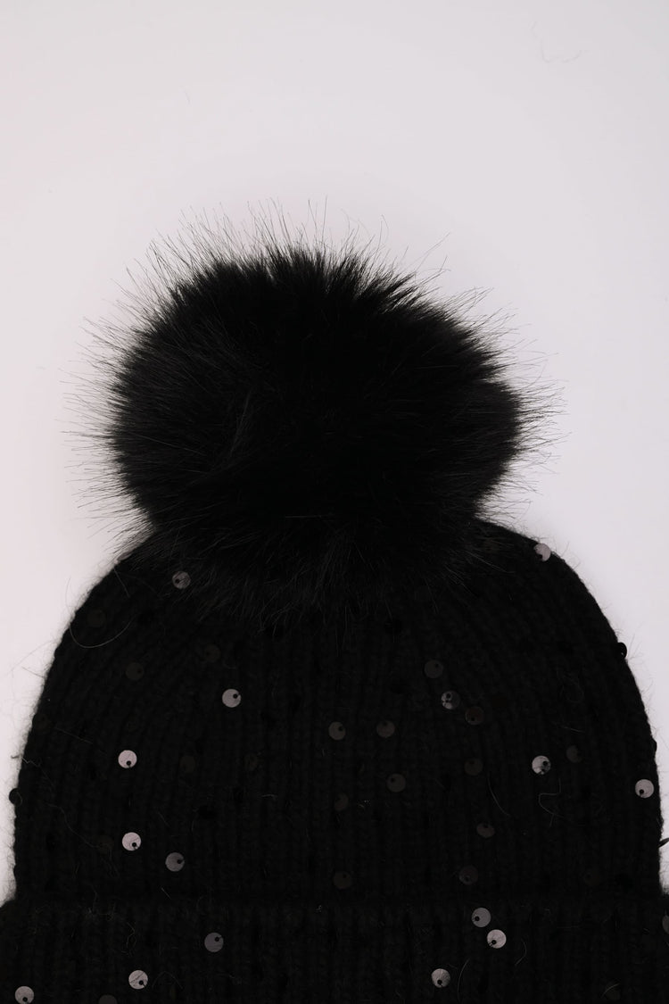 Pompon and sequin beanie