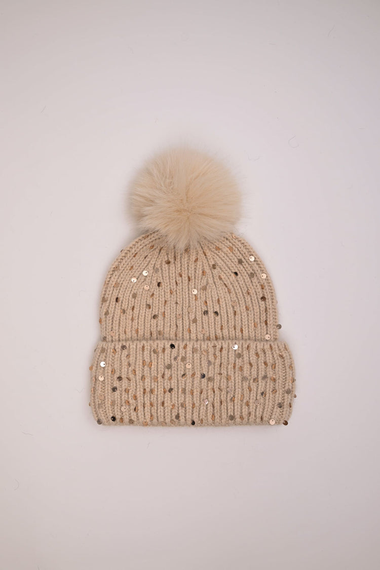 Pompon and sequin beanie