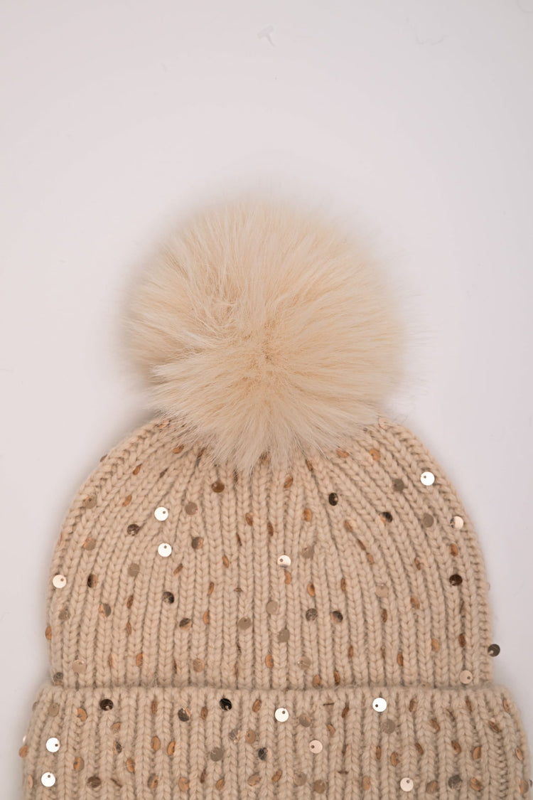 Pompon and sequin beanie