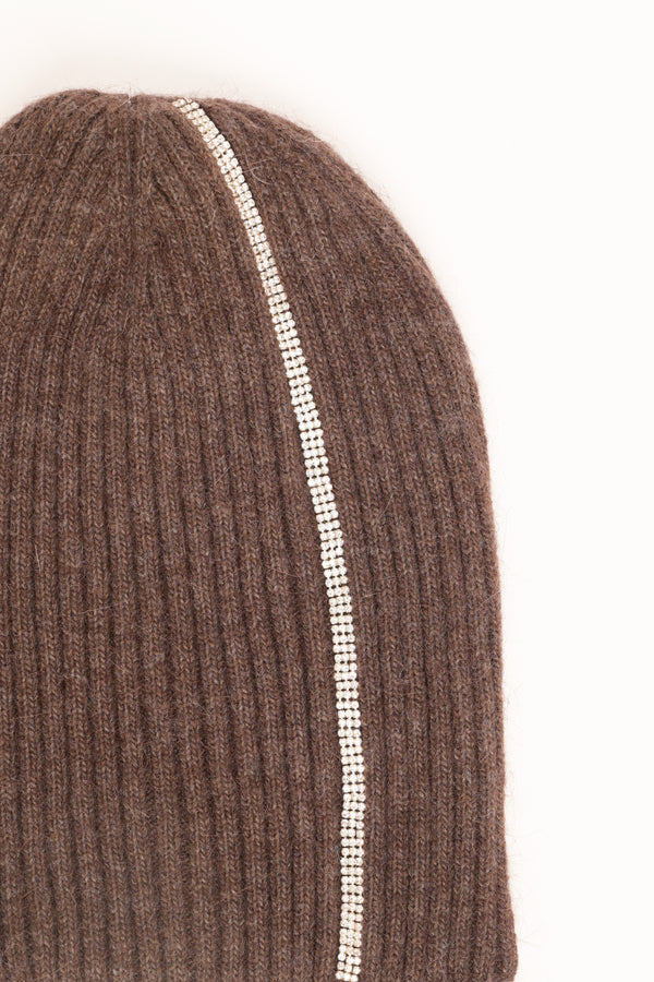 Brown rib-knit hat with rhinestones
