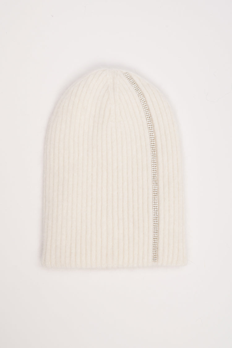 Ivory rib-knit hat with rhinestones