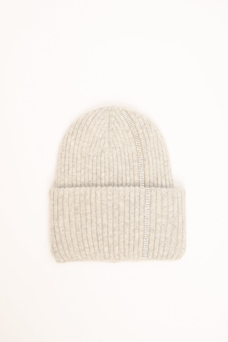 Light grey rib-knit hat with rhinestones