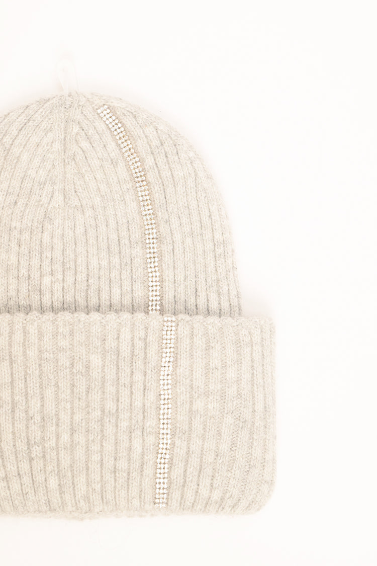 Light grey rib-knit hat with rhinestones