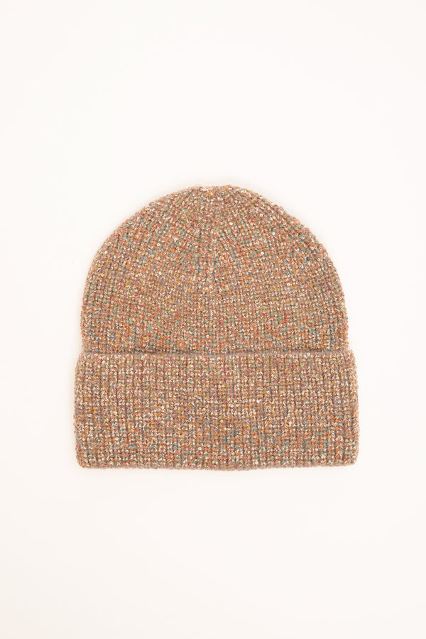 Camel glitter knit hat with turn-up