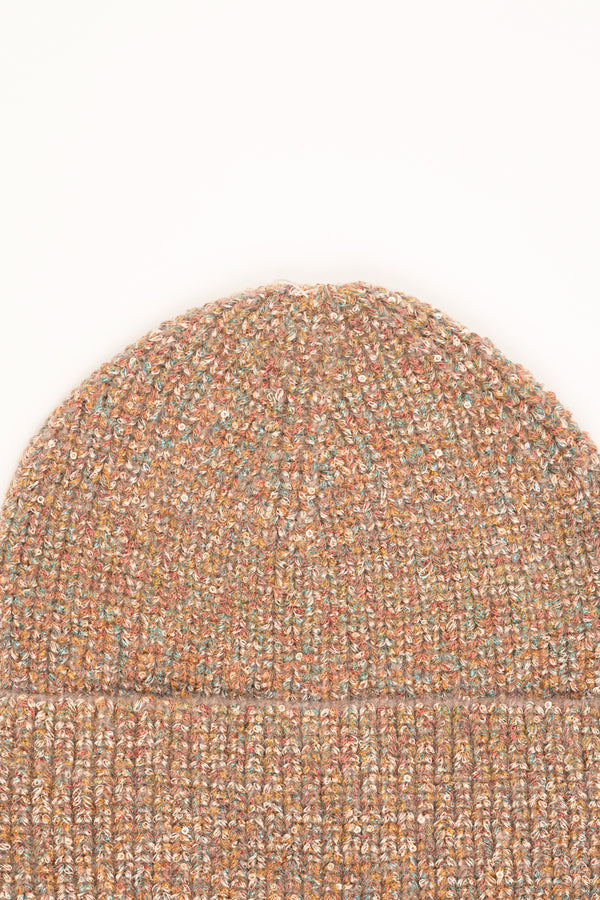 Camel glitter knit hat with turn-up