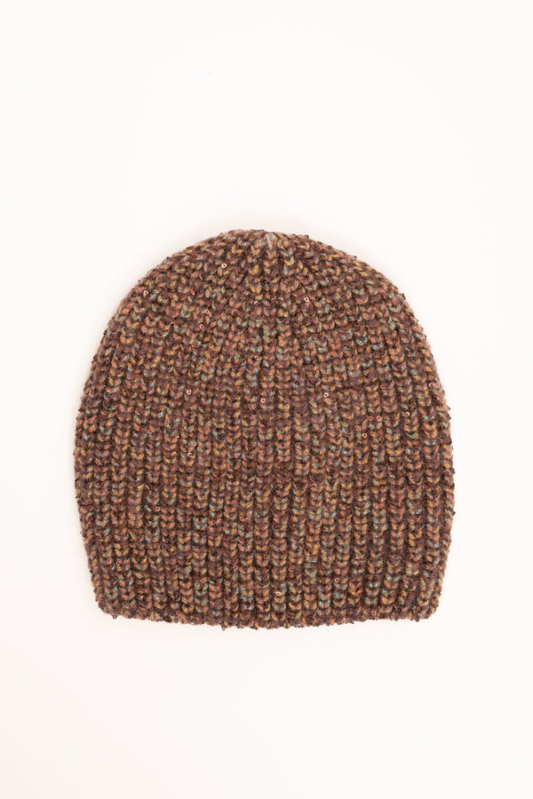 Brown-copper knit hat with micro sequins