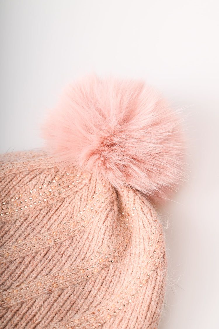 Rhinestone and pompon beanie