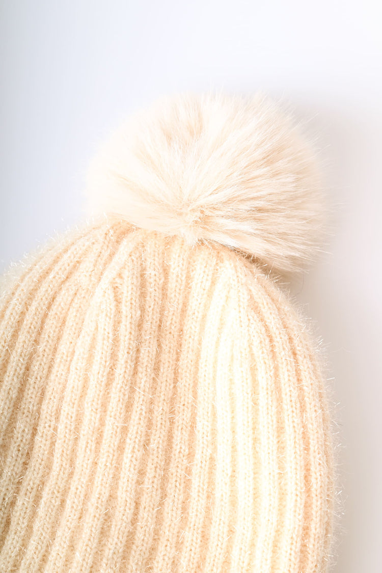 Pompon shiny knit beanie