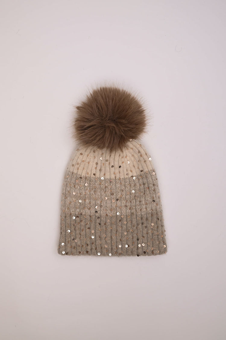 Sequin and pompon color-block hat