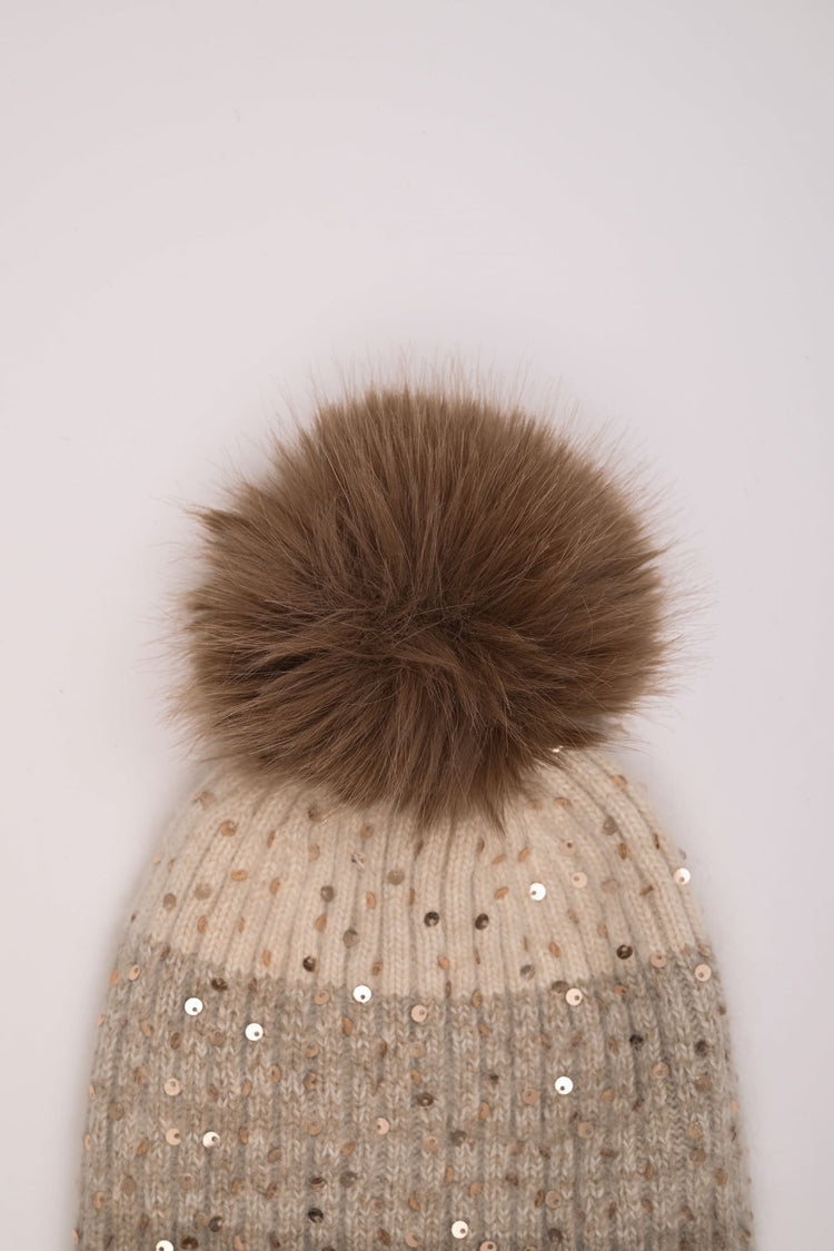Sequin and pompon color-block hat