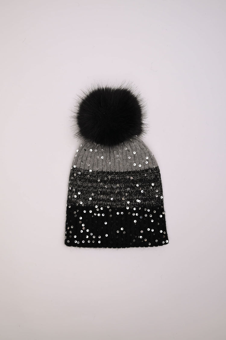 Sequin and pompon color-block hat