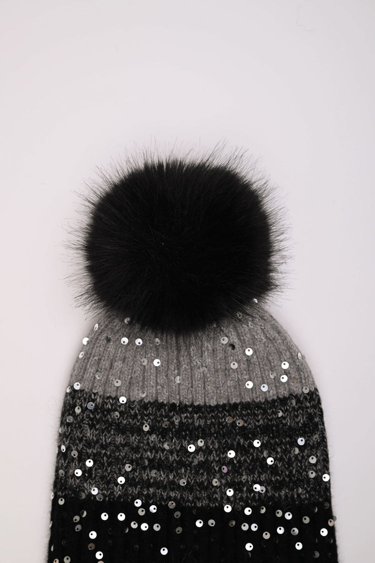 Sequin and pompon color-block hat