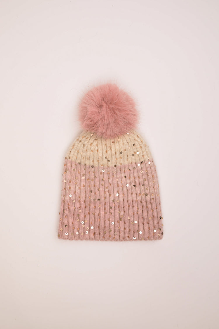 Sequin and pompon color-block hat