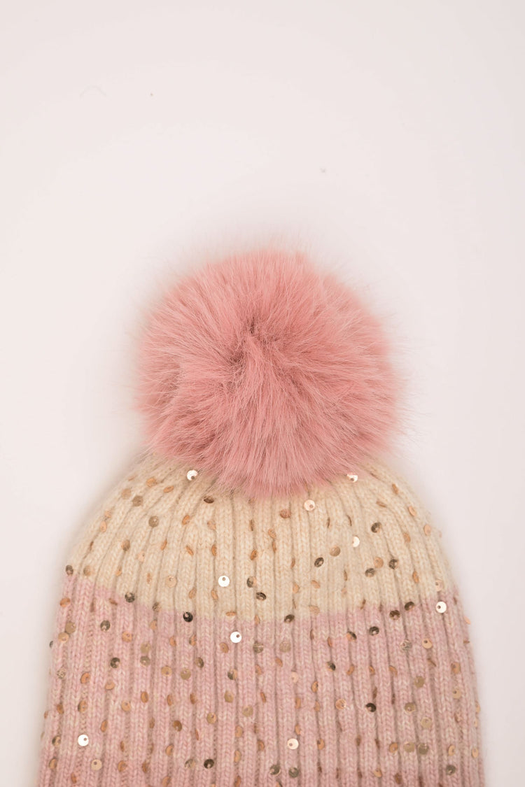 Sequin and pompon color-block hat