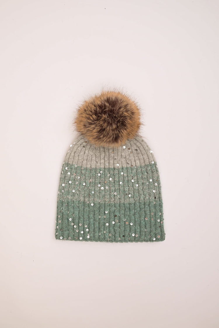 Sequin and pompon color-block hat