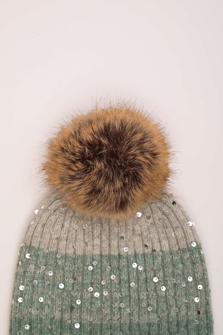 Sequin and pompon color-block hat