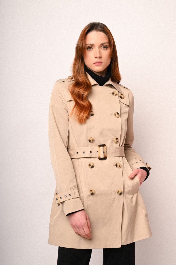 Hooded & belted double-breasted trench coat