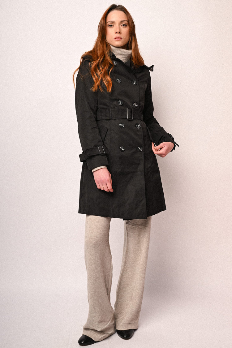 Hooded & belted double-breasted trench coat