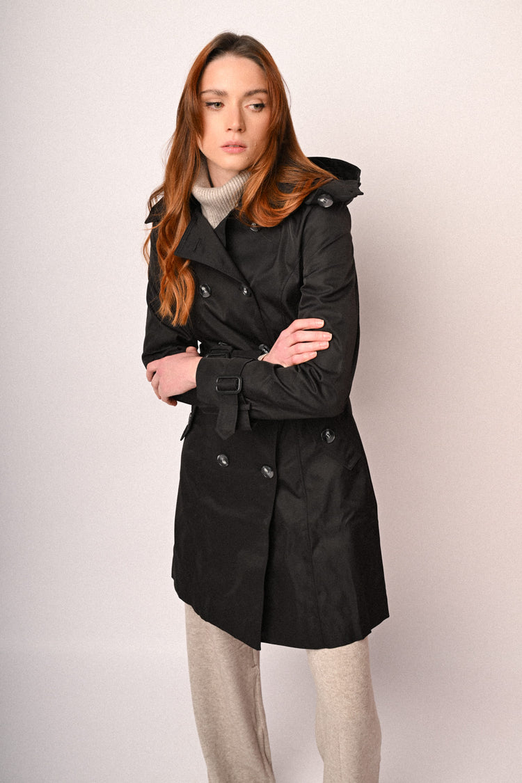 Hooded & belted double-breasted trench coat
