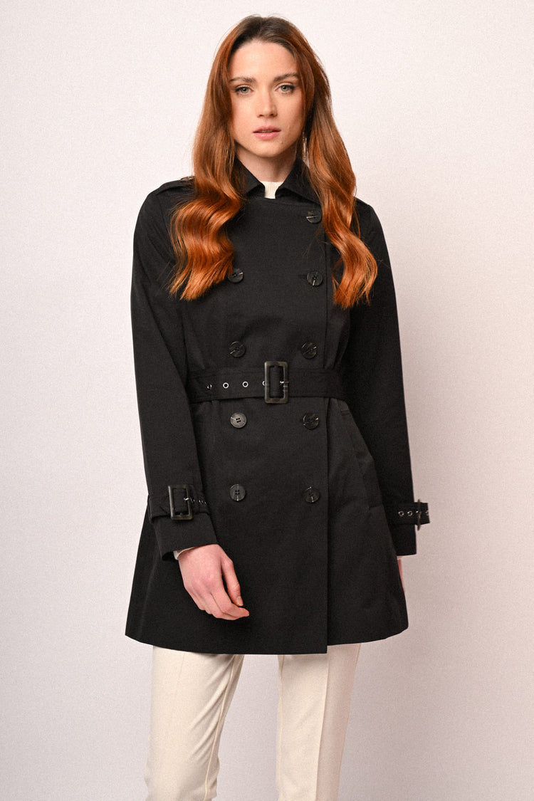 Hooded & belted double-breasted trench coat
